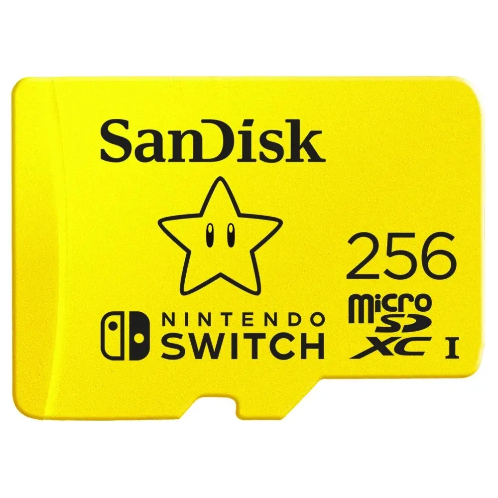 A SanDisk branded micro SDXC memory card for Nintendo Switch with the Super Mario star on it