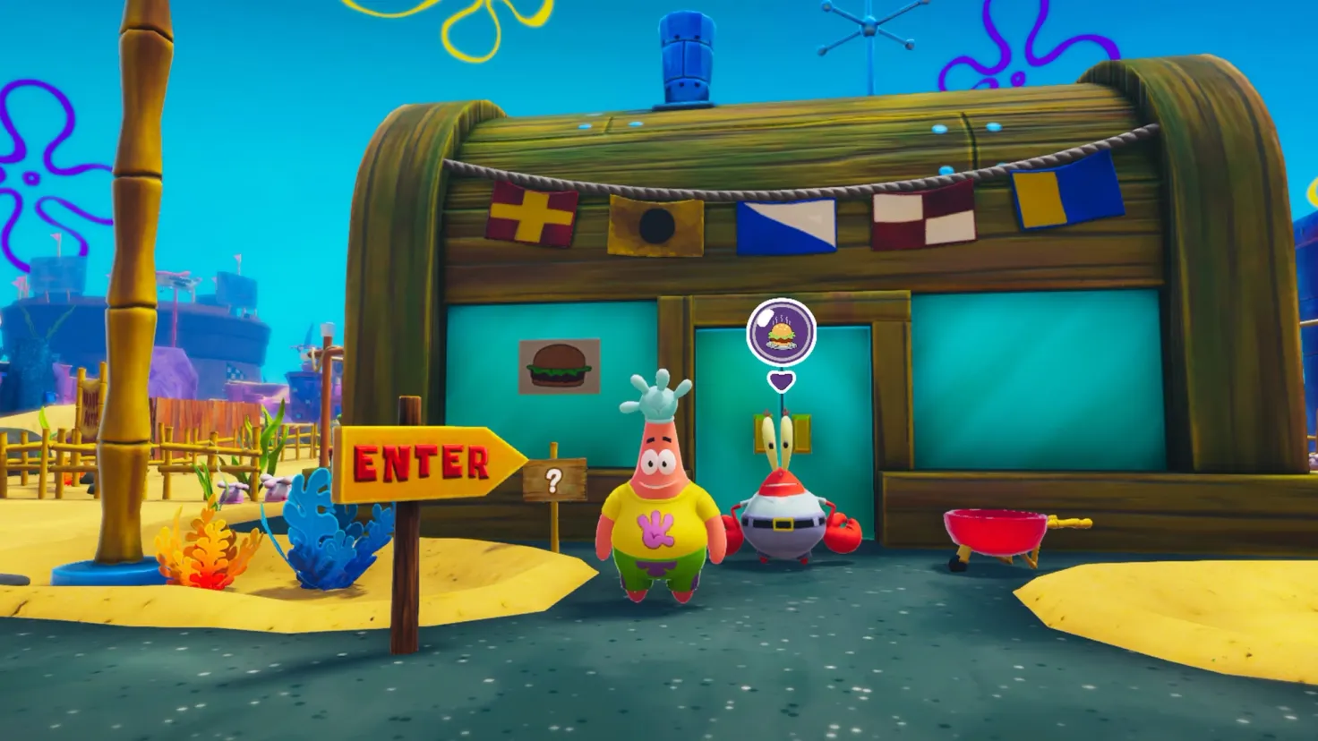 Patrick Star wearing a Glove World t-shirt and hat standing next to Mr. Krabs outside the Krusty Krab in The Patrick Star Game video game