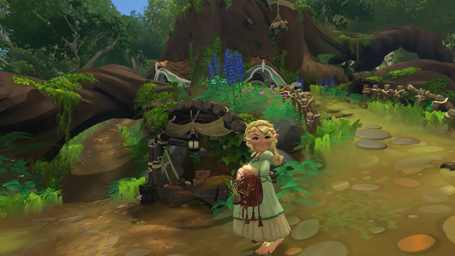 A blonde hobbit subtly smiles while standing in front of her large tree home in the Tales of the Shire video game