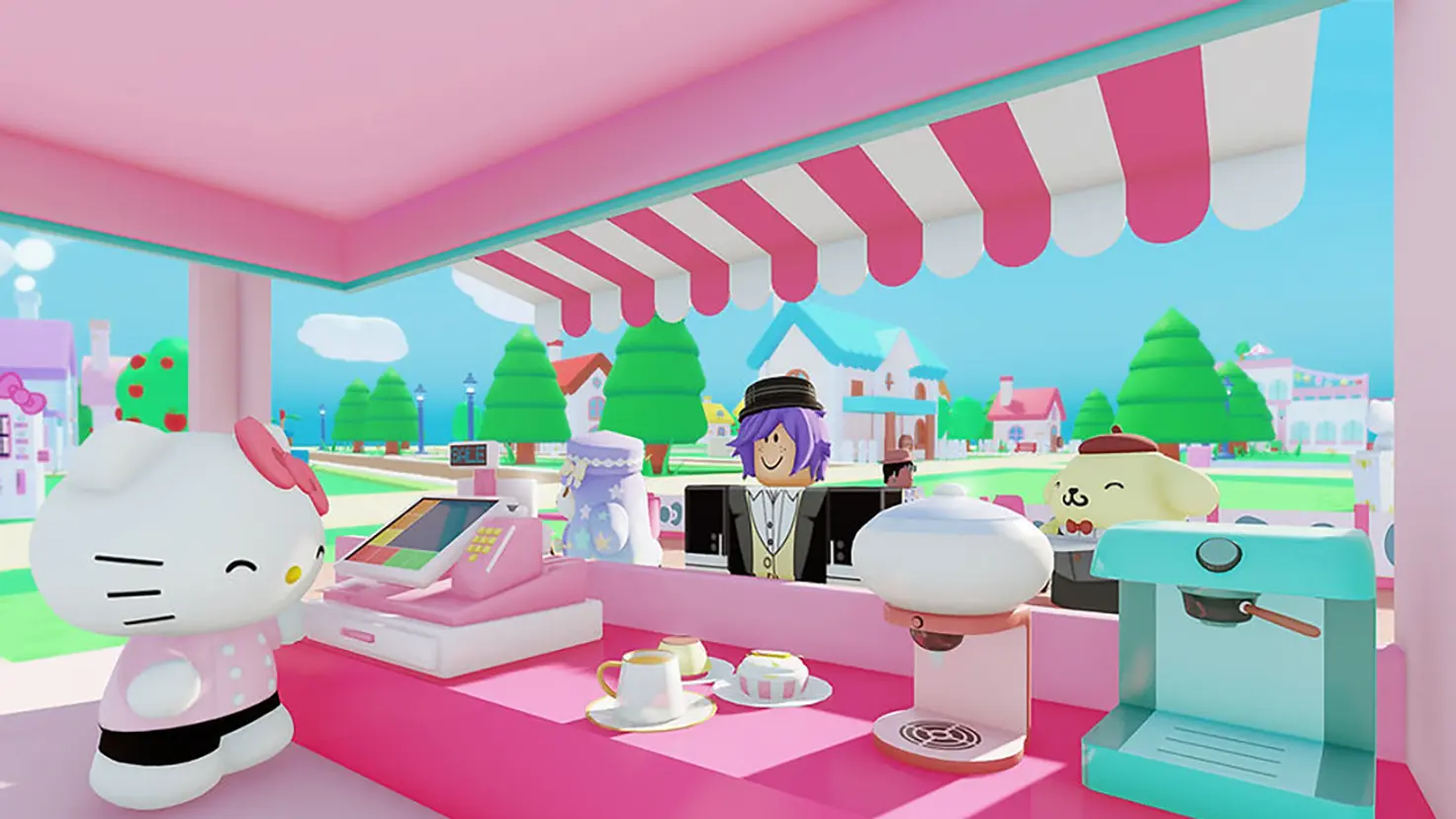 Hello Kitty helps a customer in the My Hello Kitty Cafe Roblox experience