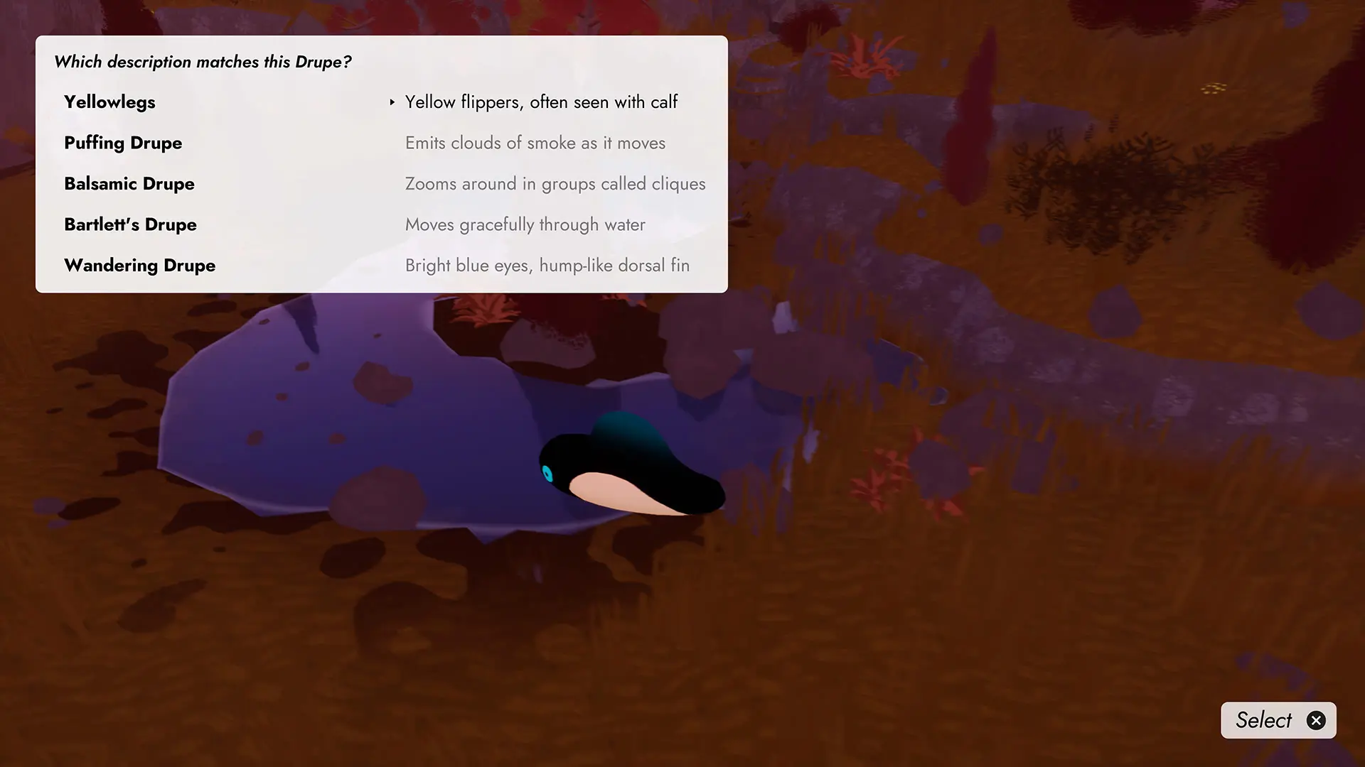 A creature in the Flock video game flies through the air. Five text options related to the creature's possible identification are at top-left.