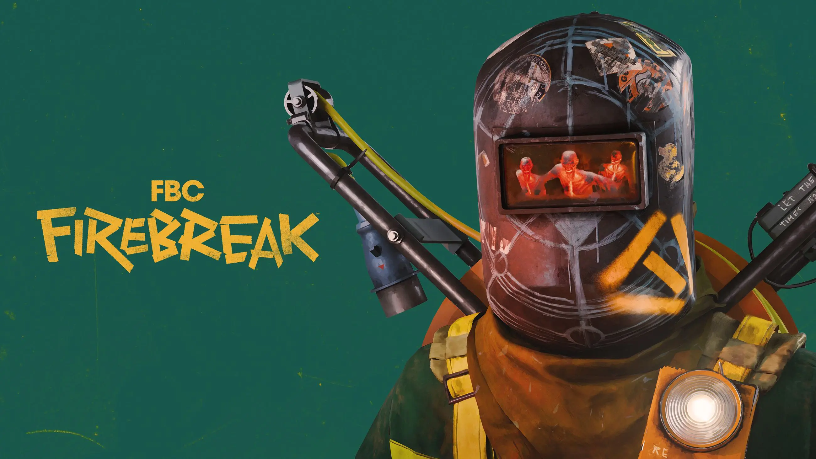 A firebreaker wearing a welding helmet with the reflection of three enemies running toward them in the helmet's screen. The "FBC: Firebreak" logo is at left. 