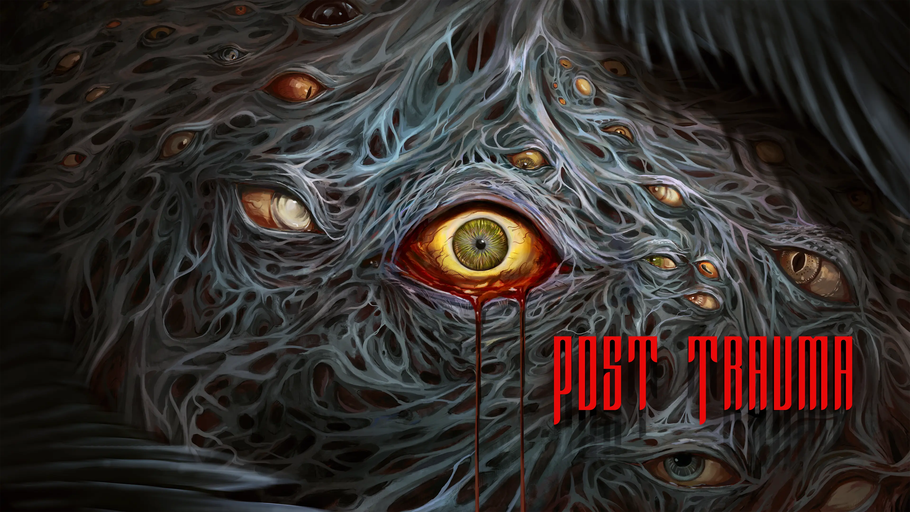 A bleeding, bloodshot eye in the middle of a large web of other eyes. The Post Trauma logo is at bottom-right.