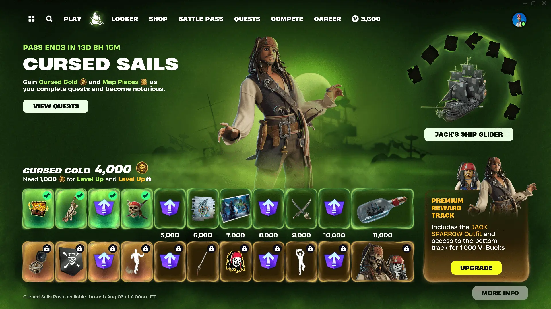 Screenshot of the Cursed Sails Pass screen in the Fortnite: Battle Royale video game