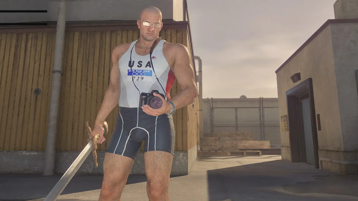 Frank West bald in a USA sports outfit holding a sword and camera in Dead Rising Deluxe Remaster