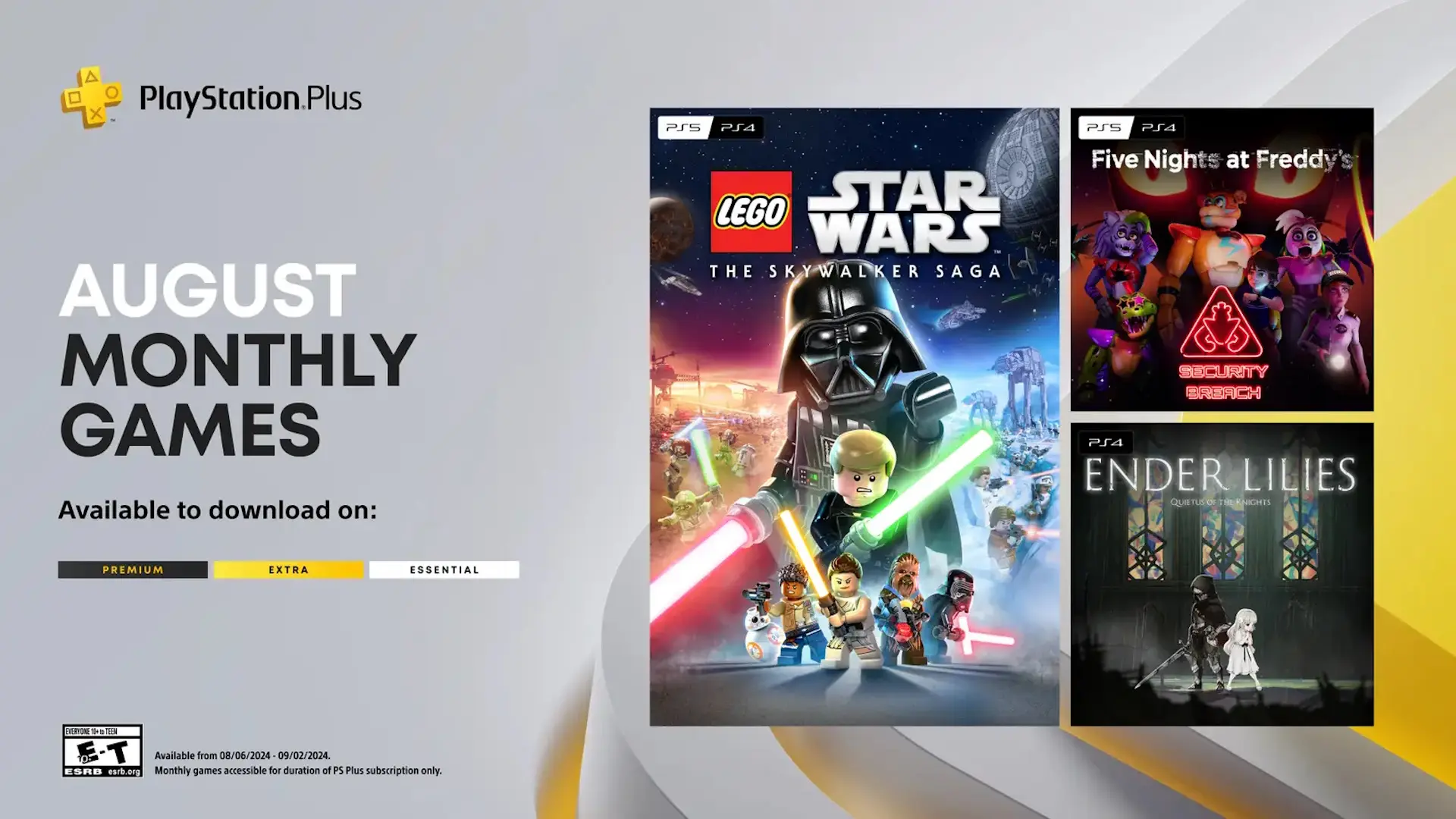 The box art for three August games for PS Plus subscribers: Lego Star Wars: The Skywalker Saga, Five Nights at Freddy's: Security Breach, and Ender Lilies.