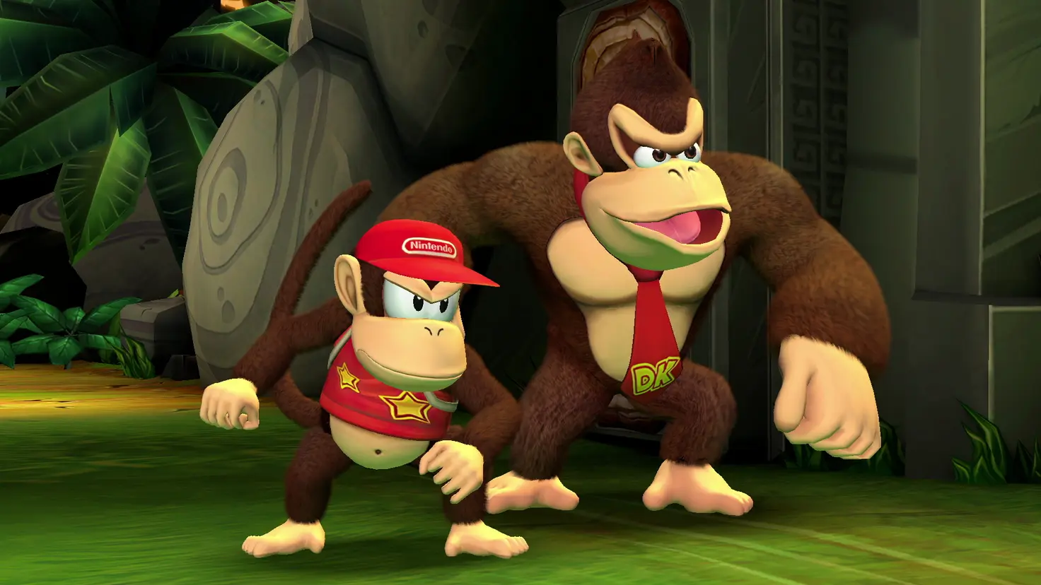 Diddy Kong and Donkey Kong pose with stern expressions in the Donkey Kong Country Returns HD video game