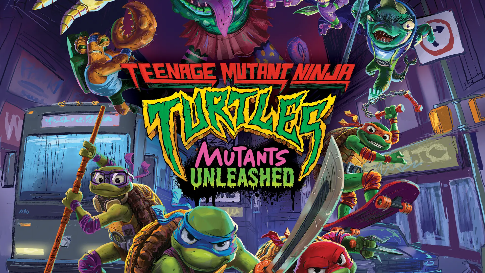 The Teenage Mutant Ninja Turtles and other characters from the Mutants Unleashed video game surround the Teenage Mutant Ninja Turtles Mutants Unleashed logo