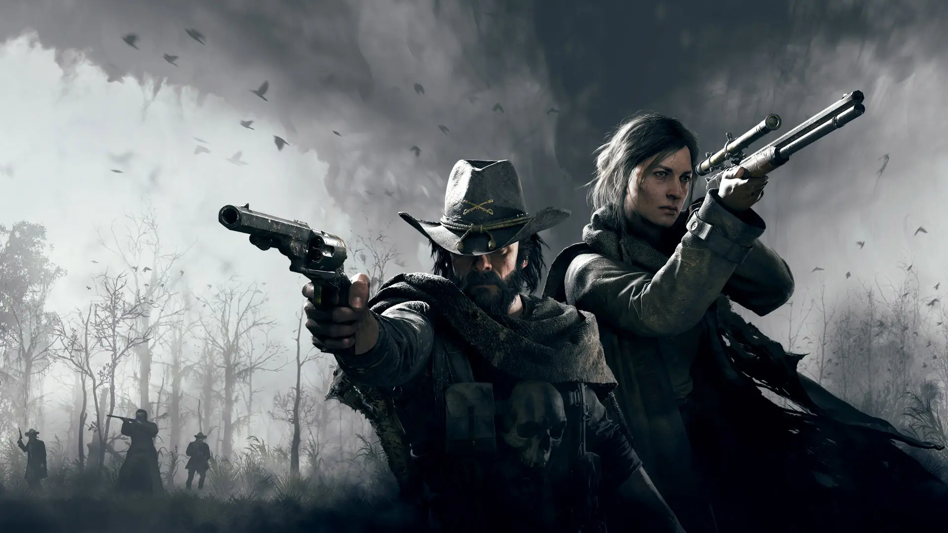 Two hunters, one pointing a pistol, the other a scoped rifle in front of a dark background with trees and shadowy figures holding guns