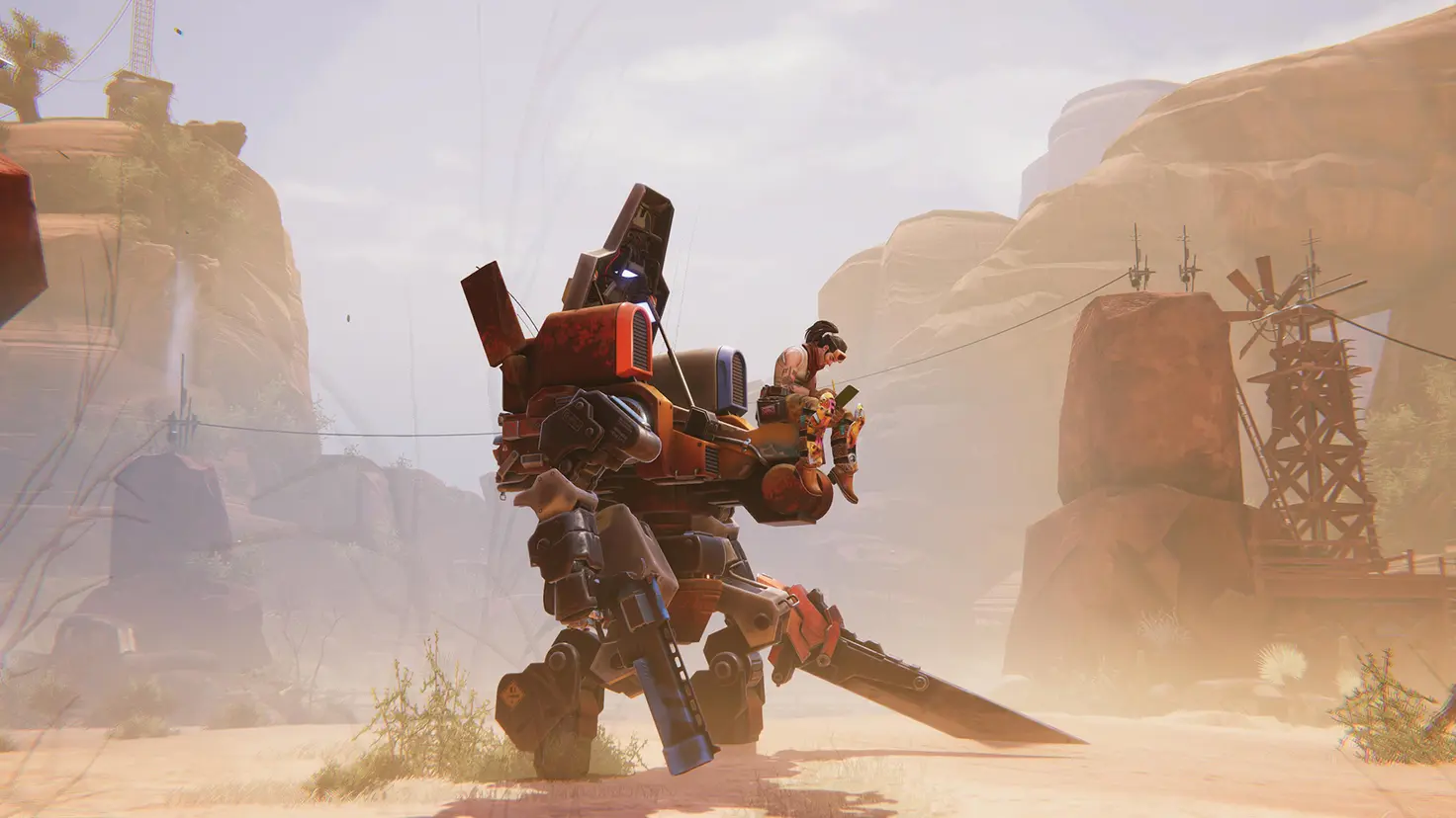 Clem sits atop her mech in a desert environment with rocky cliffs behind