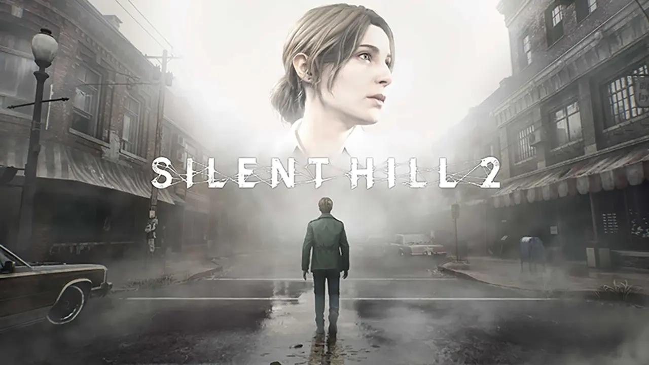 A man walks along a foggy city street with a woman's head facing to the right in the sky above him. The Silent Hill 2 logo is centered.