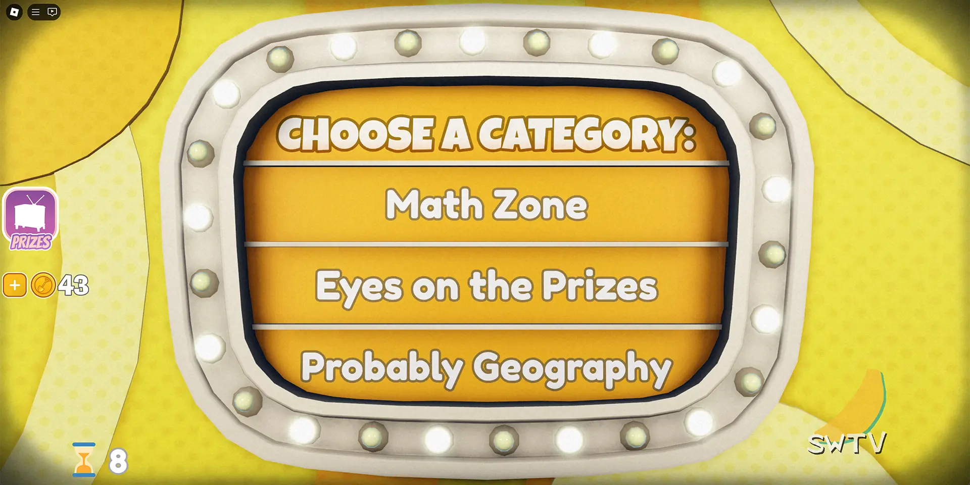 Three of the trivia categories players can choose from in the Shovelware's Brain Game Roblox experience