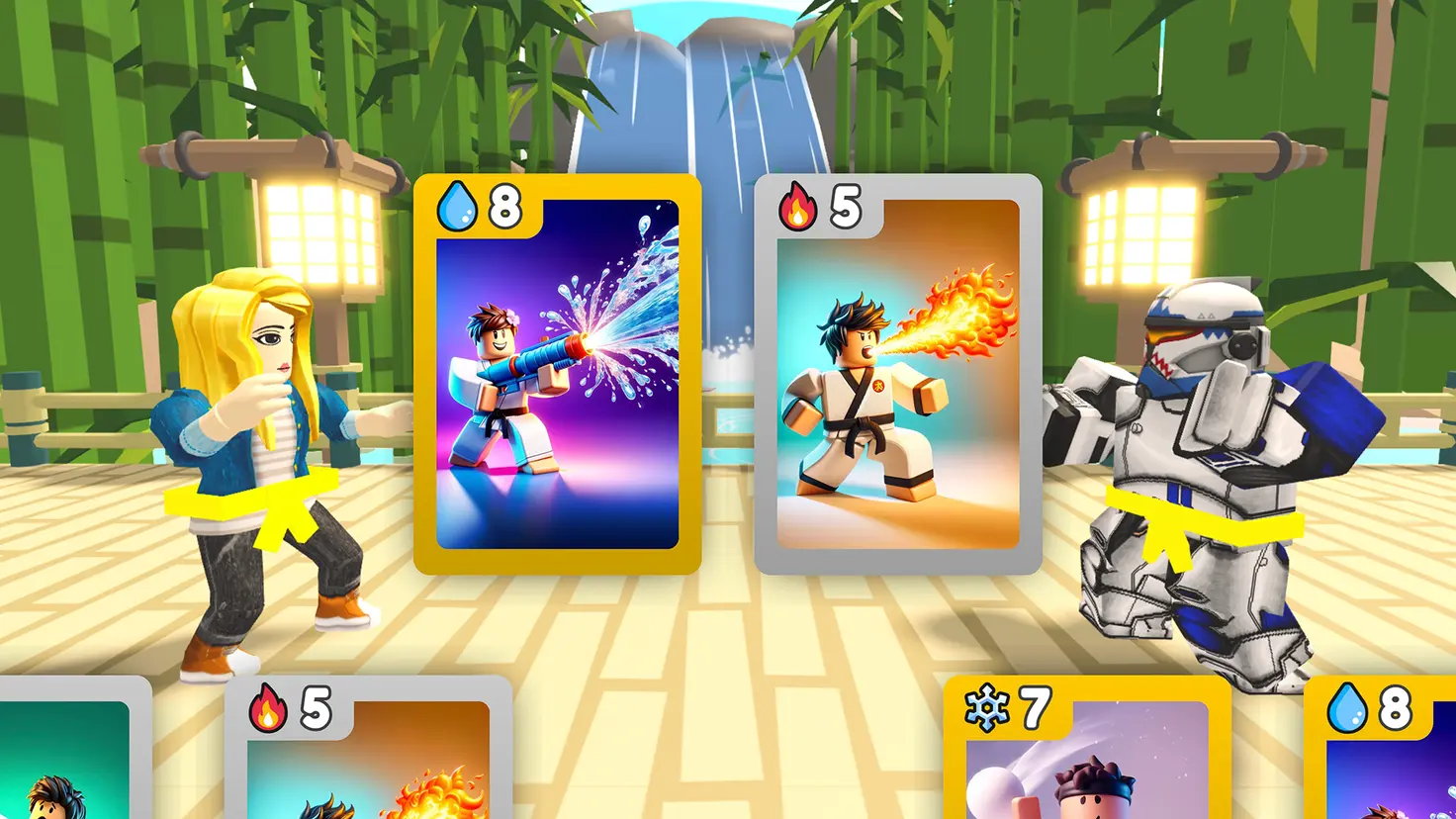 Two Roblox avatars compare their cards in the Card Battles Roblox experience