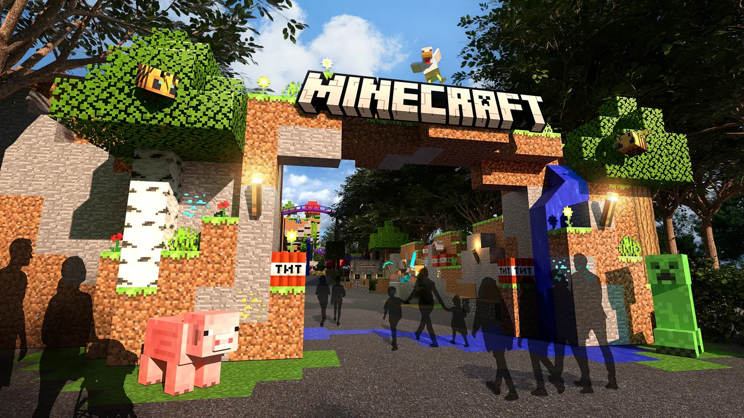 Artwork depicting a Minecraft tourist attraction with guests walking around a themed environment