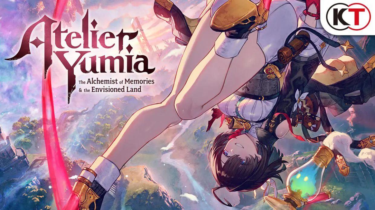 Female character from the Atelier Yumia video game flips upside down to the right of the game's logo