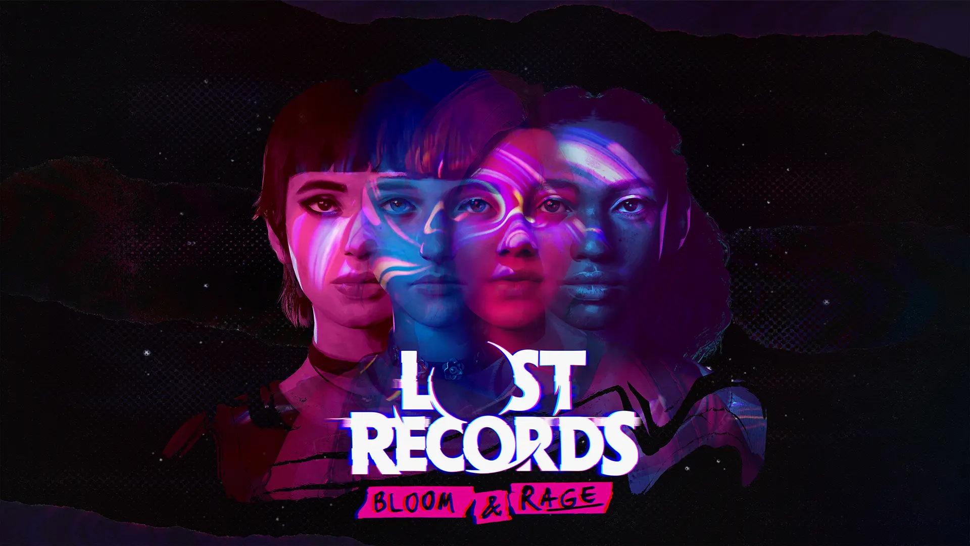 Four young feminine faces slightly overlapping with a blue and pink psychedelic effect applied to each. The text "Lost Records Bloom & Rage" is centered below them.