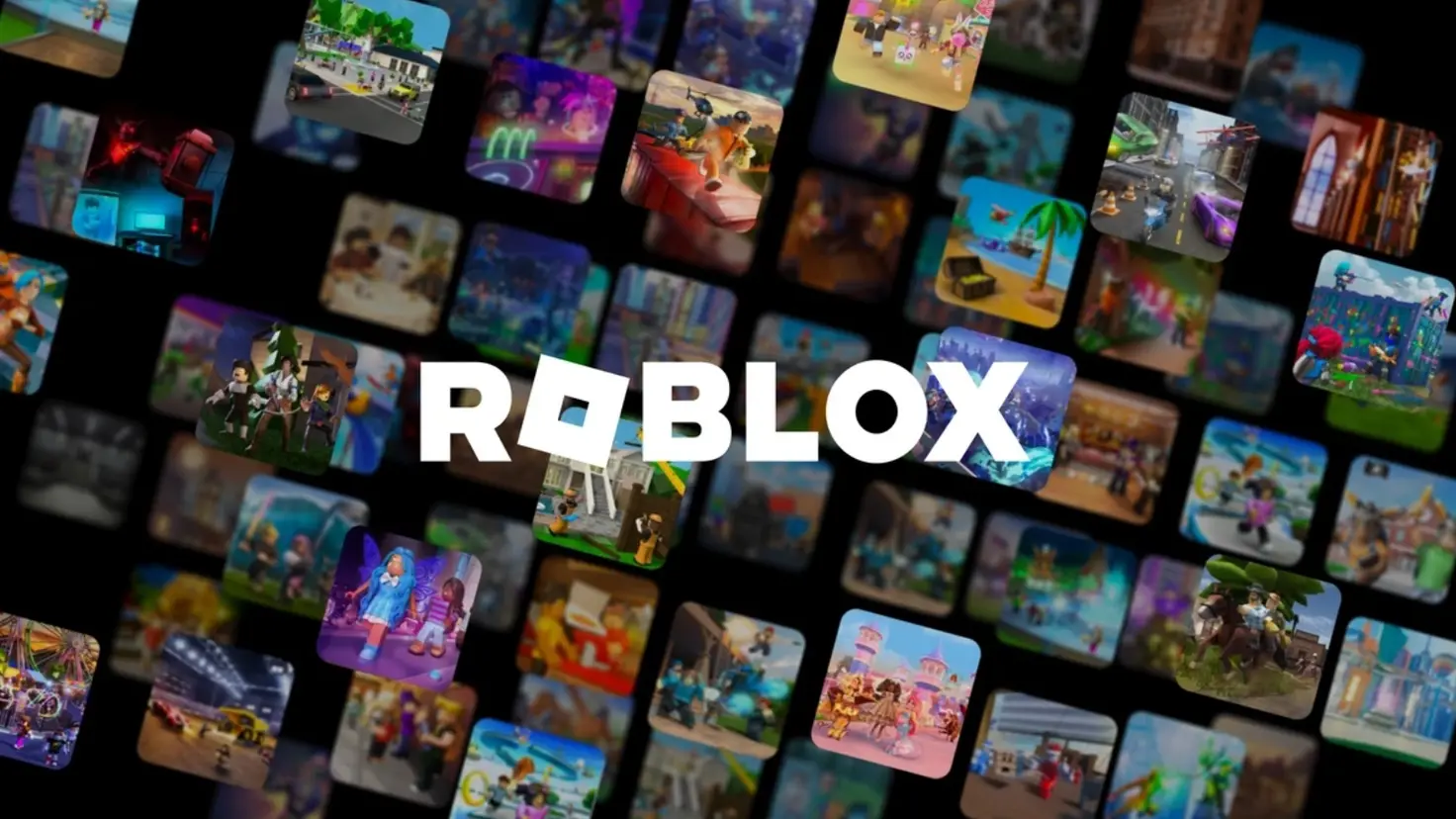 Collage of Roblox game icons behind the white Roblox logo