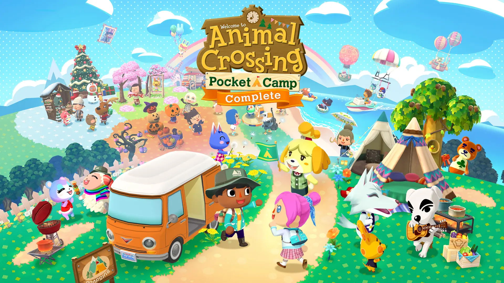 Human and animal characters from the Animal Crossing: Pocket Camp Complete mobile game in a collage of themed campsites