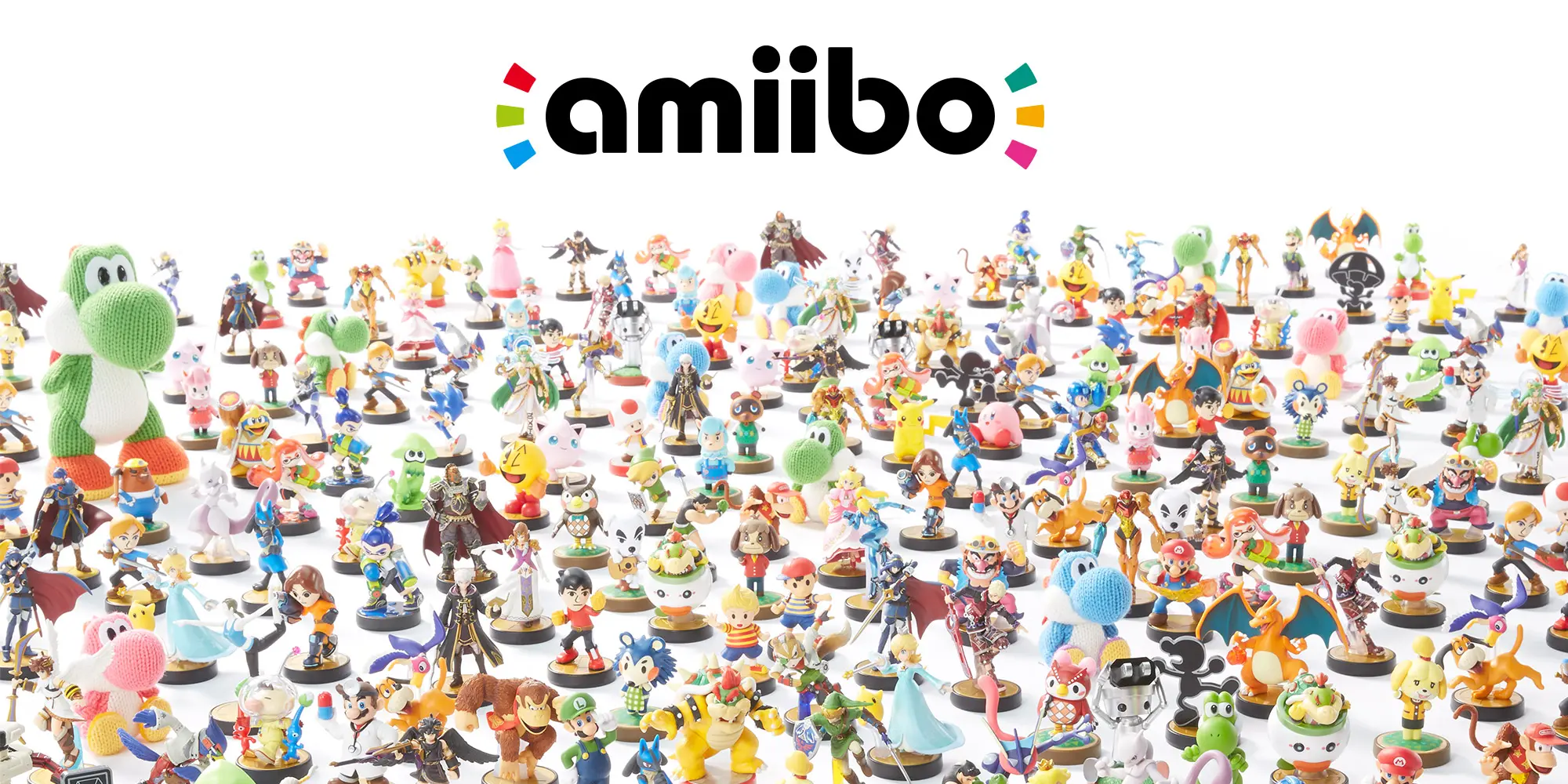 An array of amiibo figurines on a white background