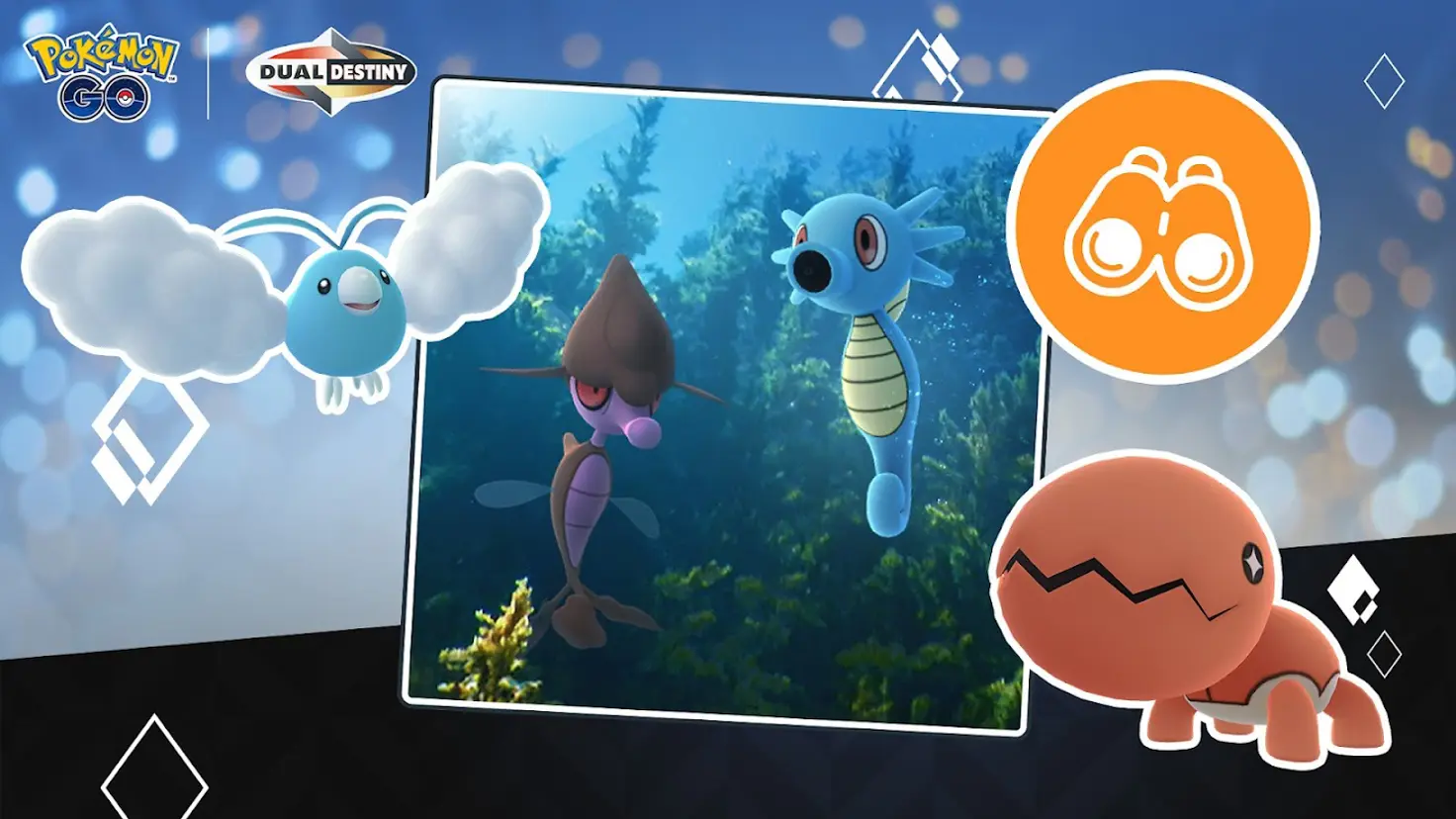 Swablu, Skrelp, Horsea, and Trapinch in artwork for the Pokemon Go mobile game