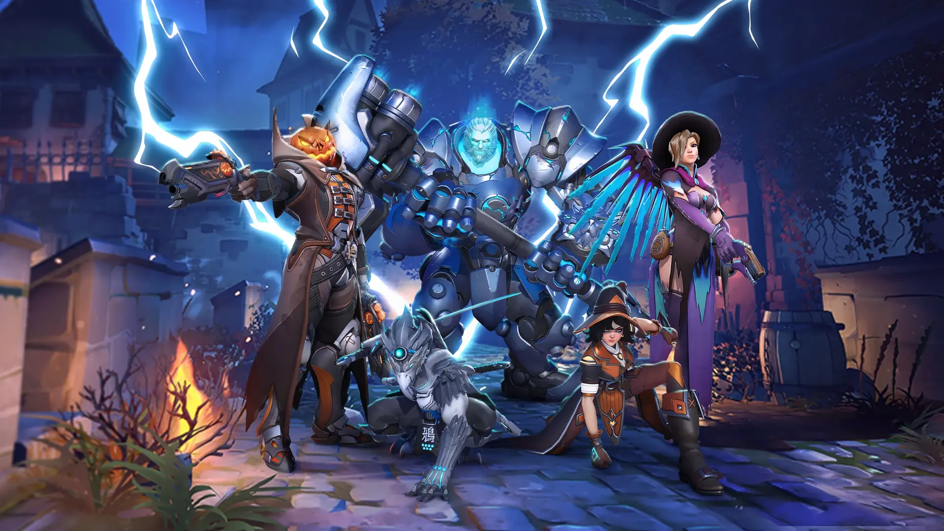 Overwatch characters in Halloween outfits are ringed by lightning in a gothic street