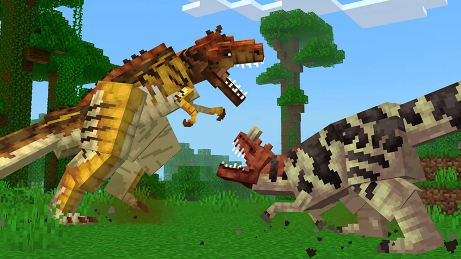 Two dinosaurs battle in the Minecraft video game