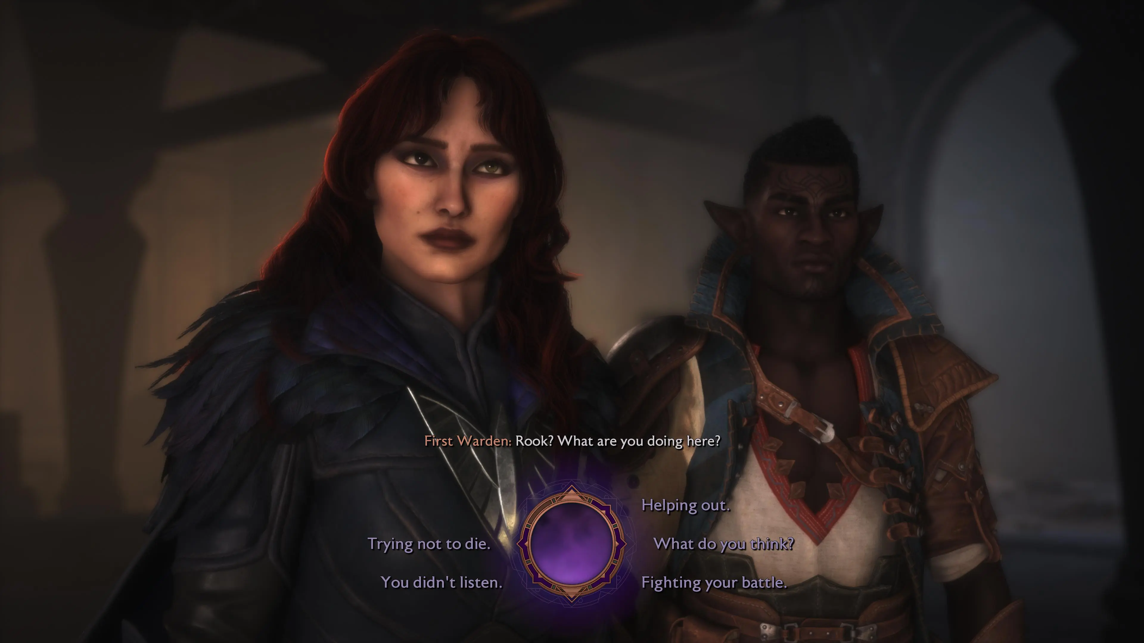 The player prepares to choose their reply from five choices during a conversation in the Dragon Age: The Veilguard video game