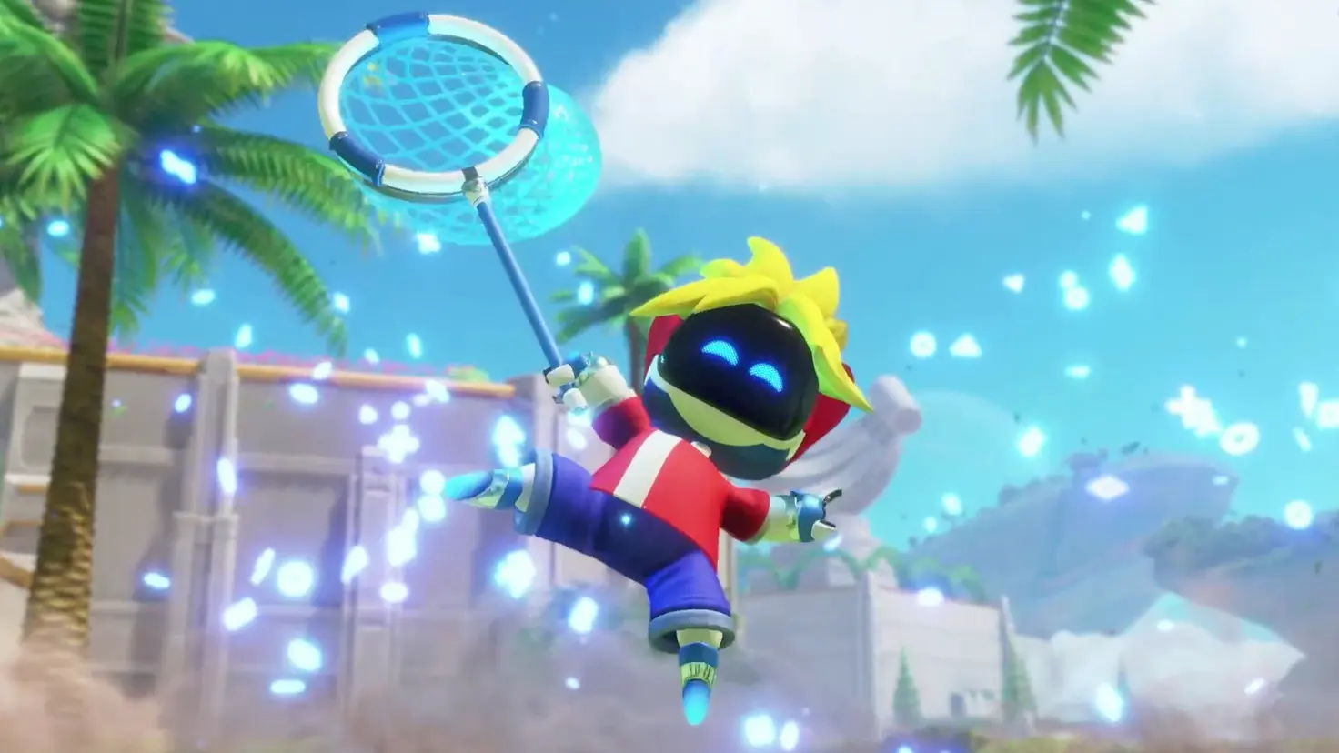 Astro Bot dressed as Spike from Ape Escape jumps excitedly in the air while holding a bug catching net