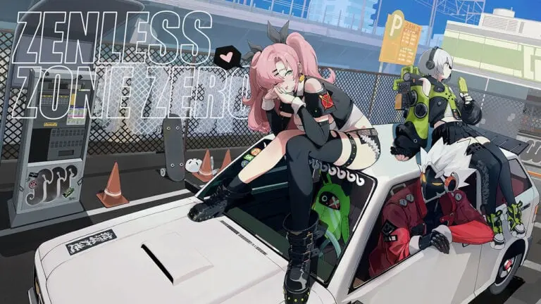 Zenless Zone Zero keyart features three of the main playable characters sitting on or in a white car parked next to a fence with a skateboard leaning against it.