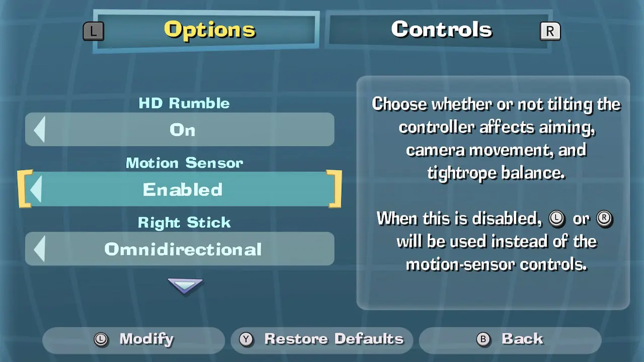 The Options menu in the Luigi's Mansion 2 HD video game with the player highlighting the "Enabled" setting under the "Motion Sensor" option