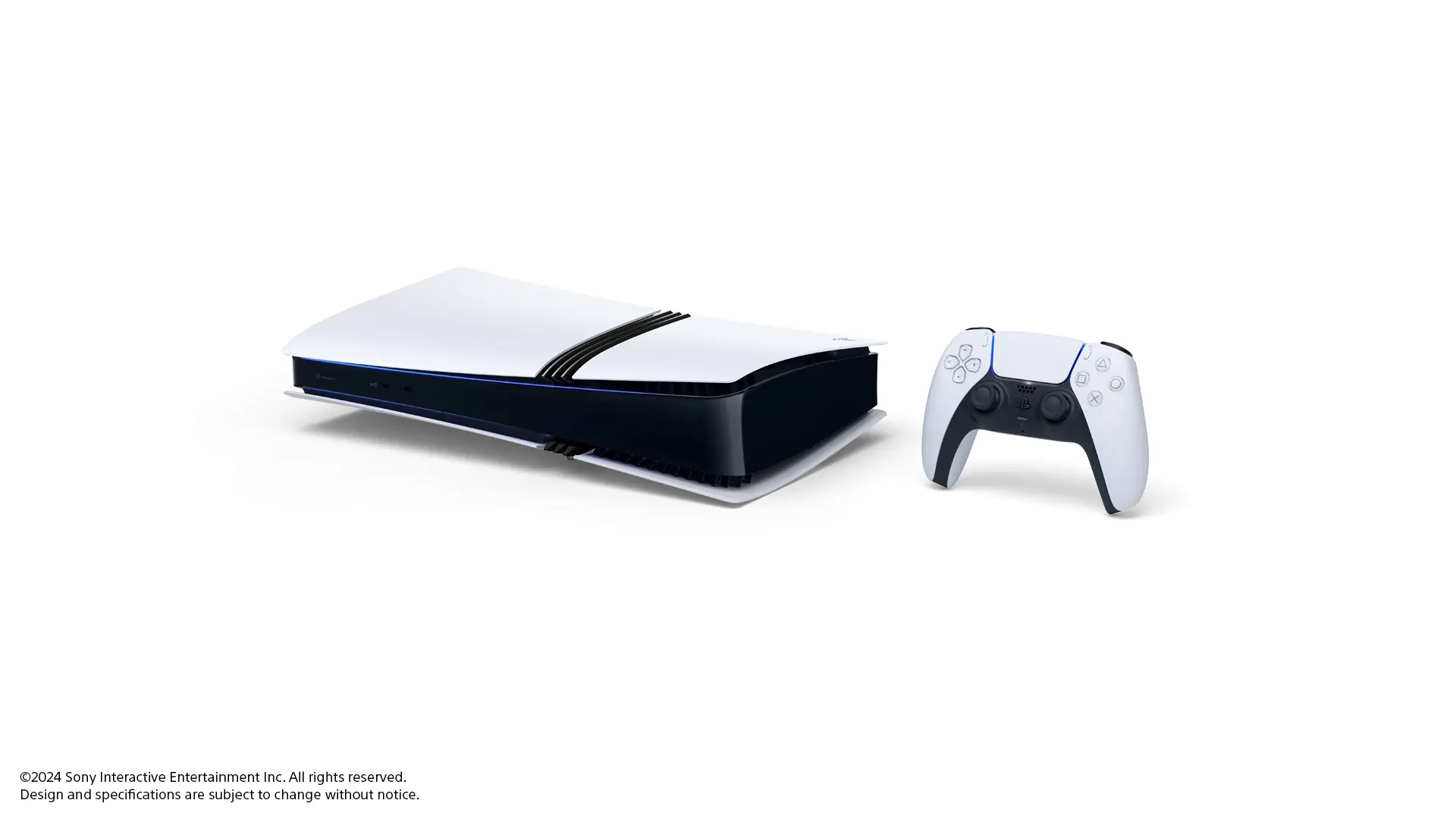 The white PlayStation 5 Pro console and a white DualSense controller against a white background