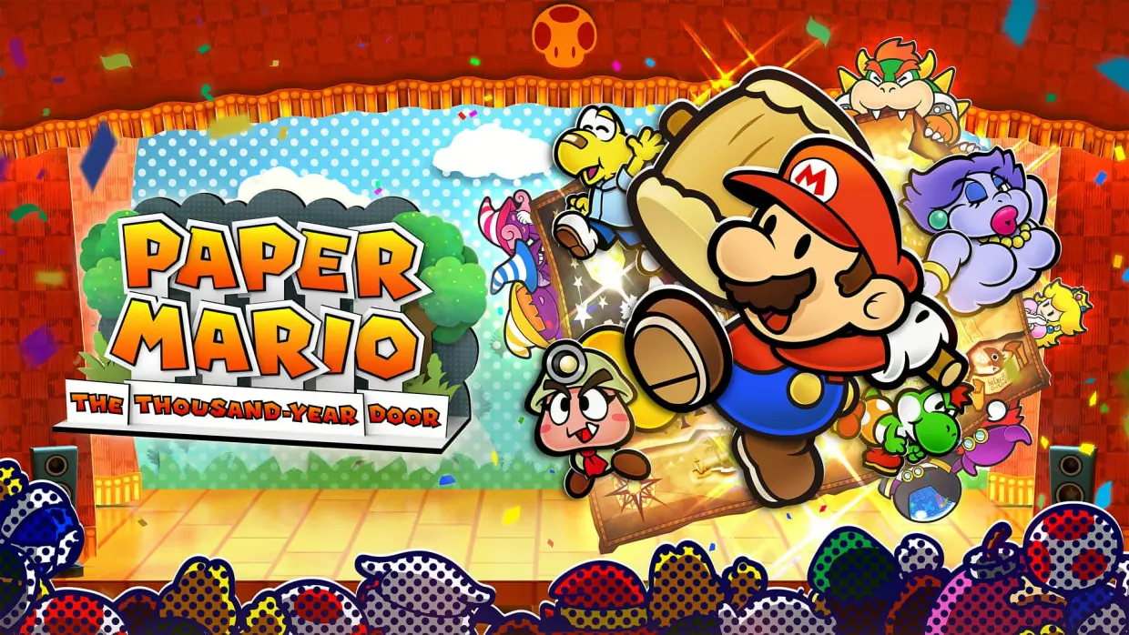 Paper Mario, with in-game characters behind, swings a mallet toward the Paper Mario: The Thousand-Year Door logo at left