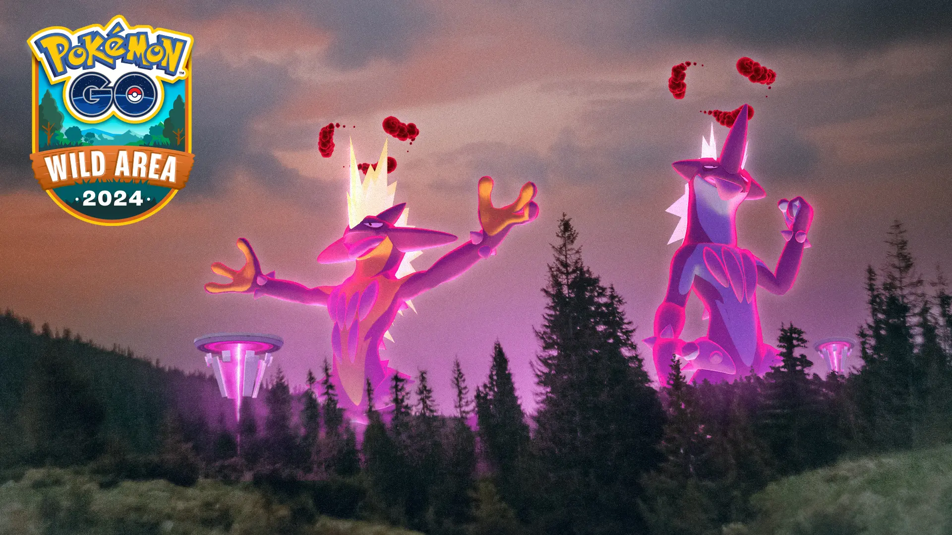 Dynamax Amped Form Toxtricity and Dynamax Low Key Form Toxtricity tower above a forest at night with the Pokemon Go Wild Area 2024 logo at top-left