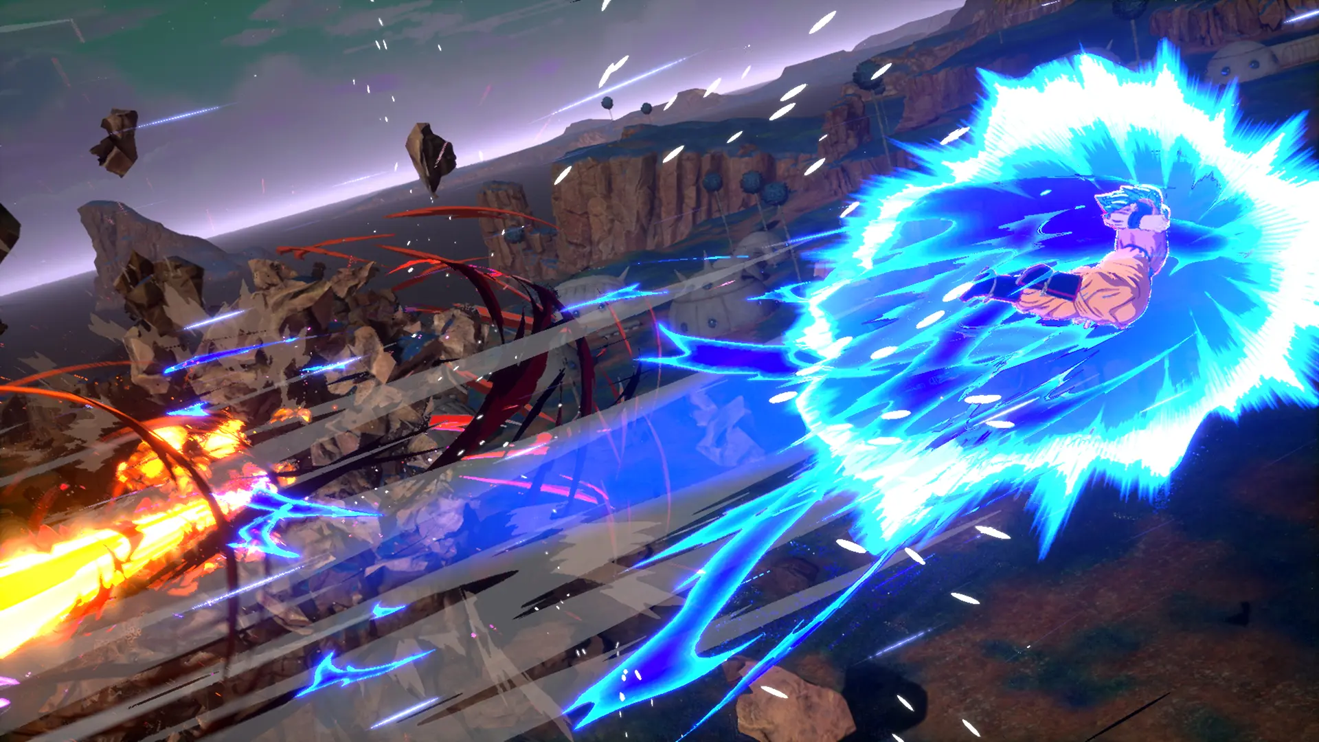 A fighter flies across the sky while surrounded by a blue glow in the Dragon Ball: Sparking Zero video game