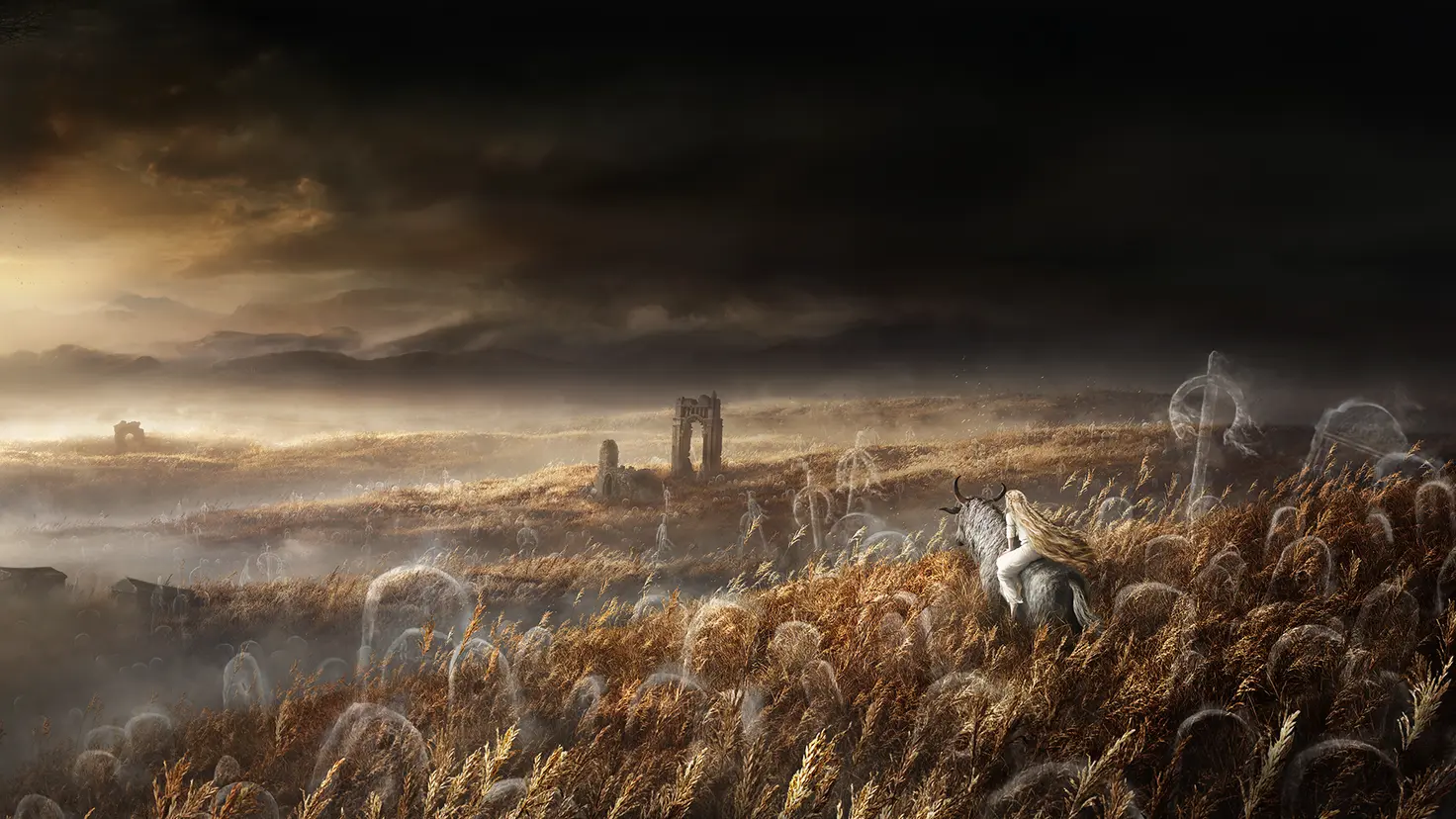 Woman with long hair rides a horse through a wheat field filled with spirits