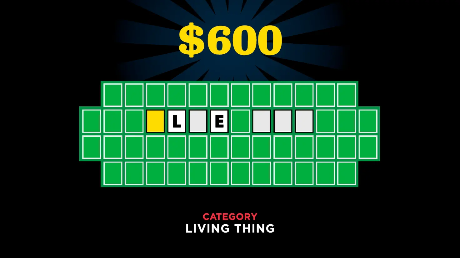 A word puzzle in the Wheel of Fortune Daily mobile app