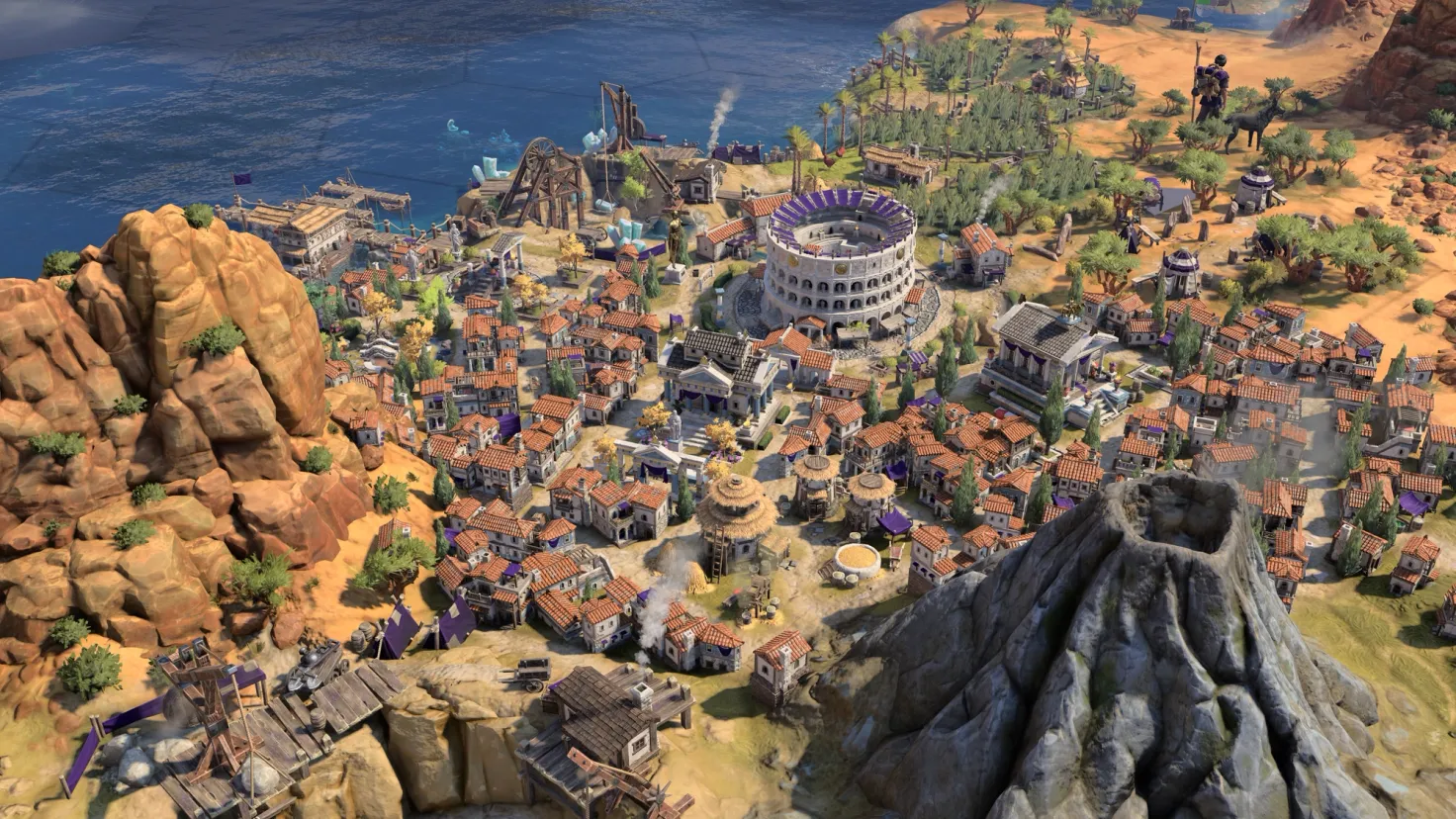 Overhead view of a Roman city with a volcano in the Sid Meier's Civilization VII video game