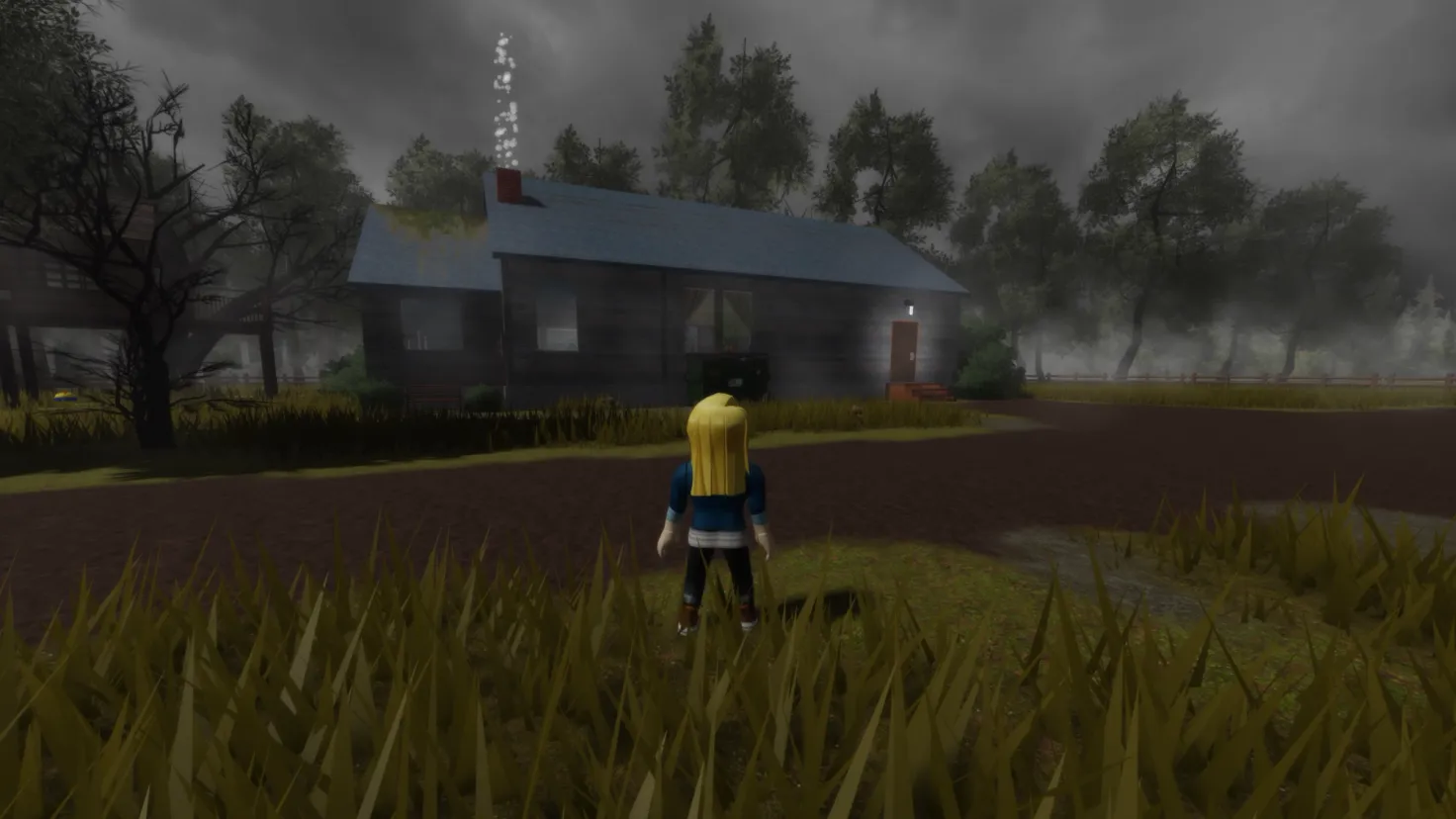 A Roblox avatar stands in front of a spooky cabin in the woods in the Monster Summer: Escape Roblox experience