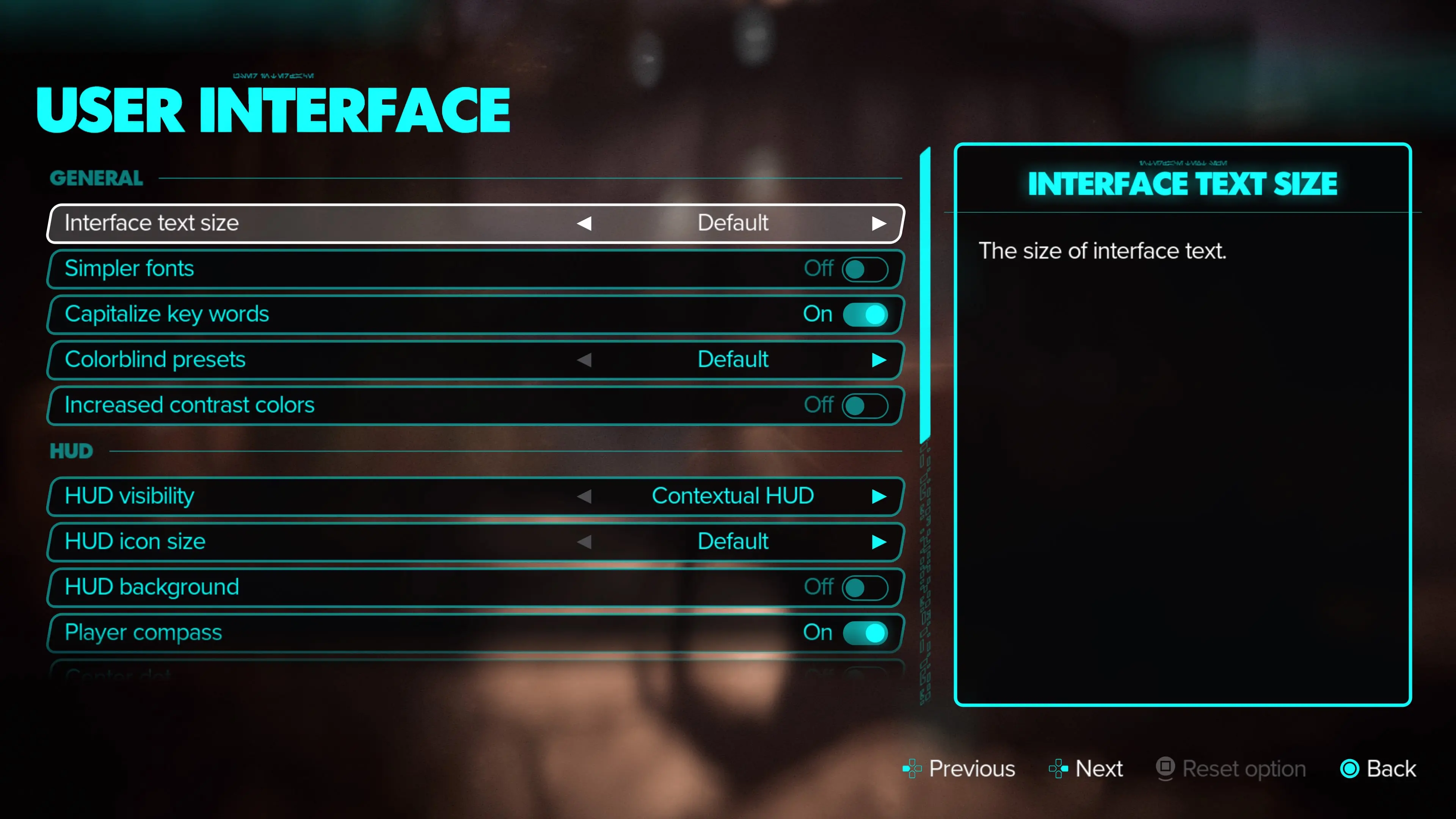 Screenshot from the Star Wars Outlaws video game showing some of the user interface options players can change