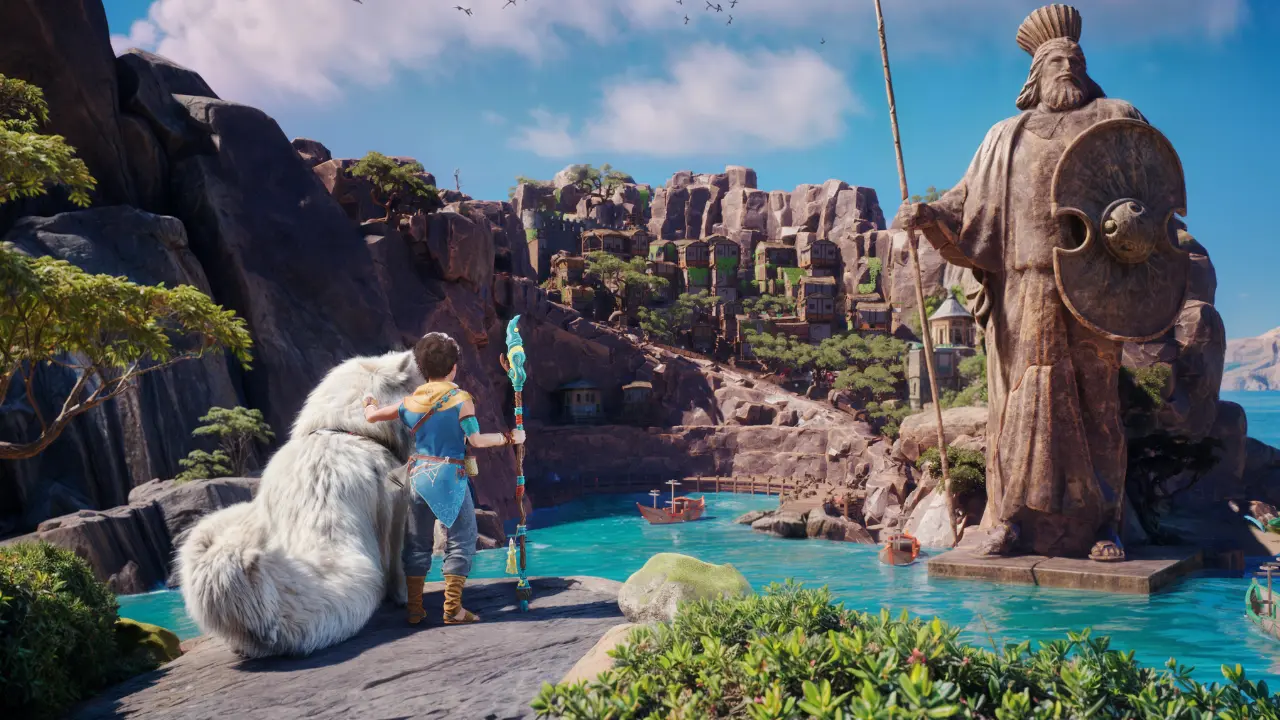 A young boy and his white dog look toward a huge statue across a body of water in The Legend of Baboo video game