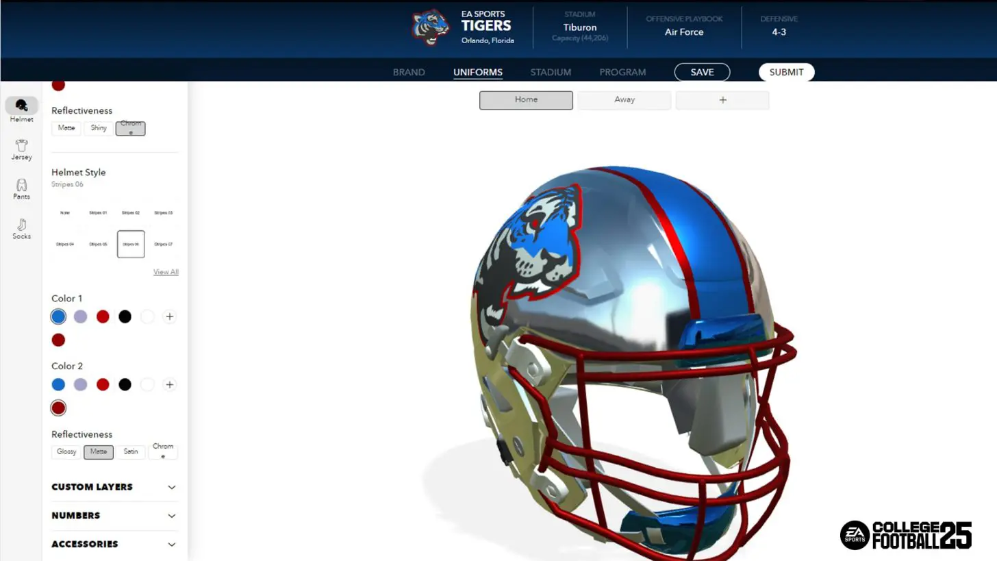 Team Builder screenshot showing some of the helmet customization options that will be available to players