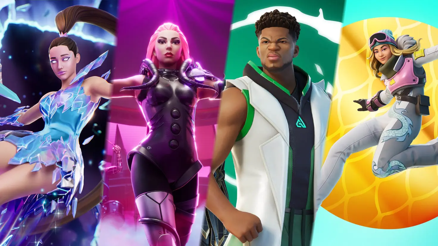 Four Fortnite Icon Series Skins for Ariana Grande, Lady Gaga, Giannis Antetokounmpo, and Chloe Kim