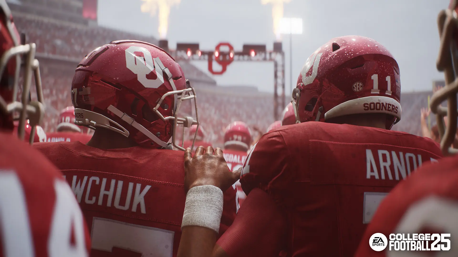 University of Oklahoma football players walking onto the field in the EA Sports College Football 25 video game