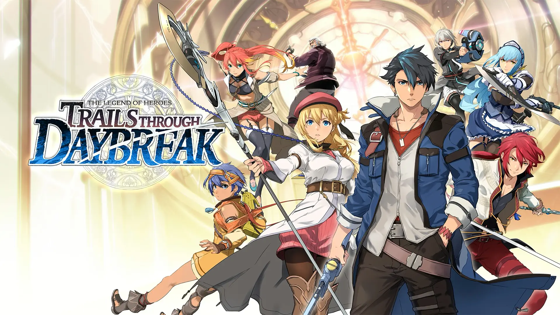 Male and female characters pose at right with The Legend of Heroes: Trails Through Daybreak logo centered vertically at left