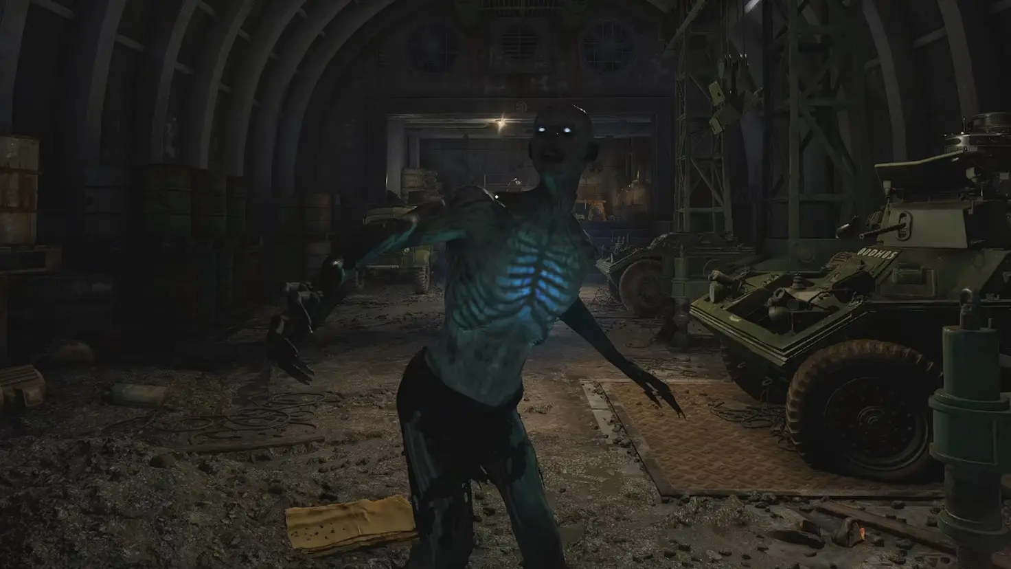 A monster with a glowing transparent chest approaches the player menacingly in Atomfall