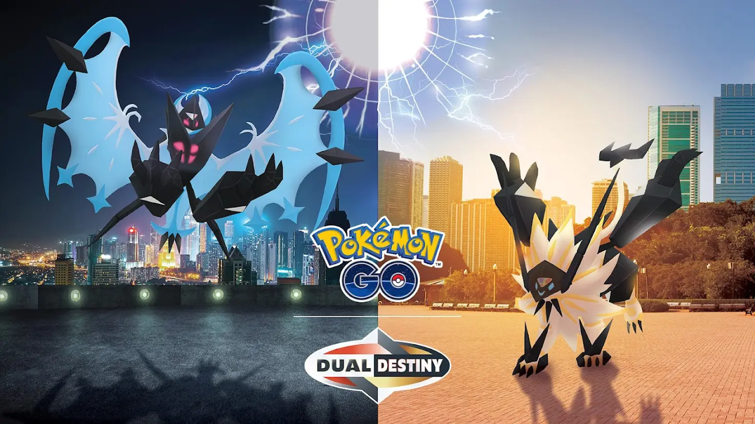 Pokemon Go artwork with side-by-side images of Dawn Wings Necrozma and Dusk Mane Necrozma in front of modern city buildings