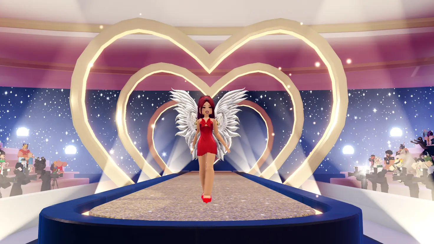 A Roblox avatar wearing a red dress and white wings walks down a fashion runway with heart-shaped arches overhead