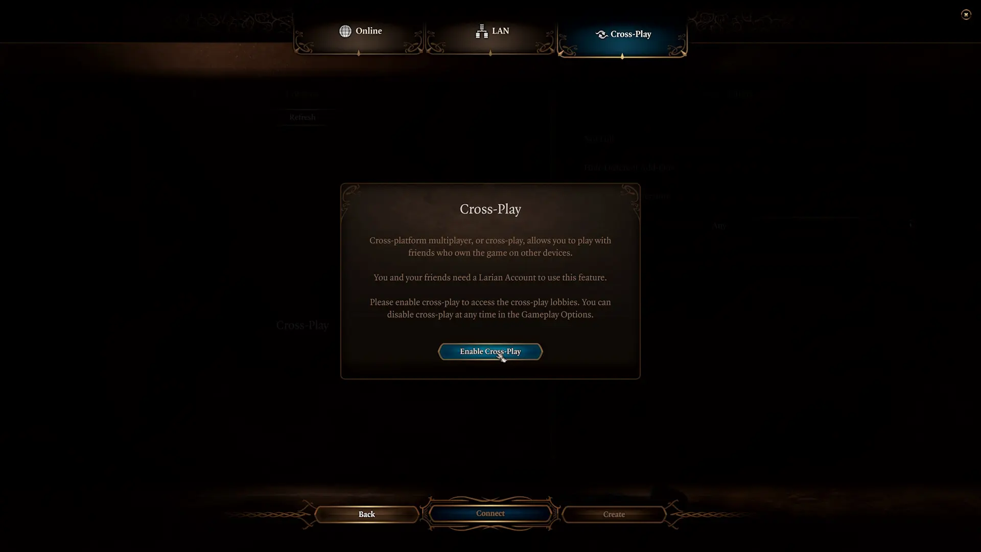 The crossplay menu for Baldur's Gate 3, noting how crossplay works and offering an option to enable it.