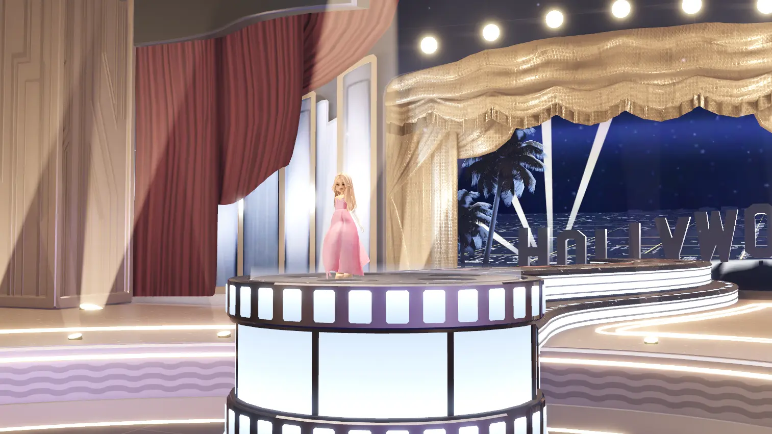 A blonde Roblox avatar wearing a pink dress walks down a runway shaped like a film reel with theater curtains and the Hollywood sign behind