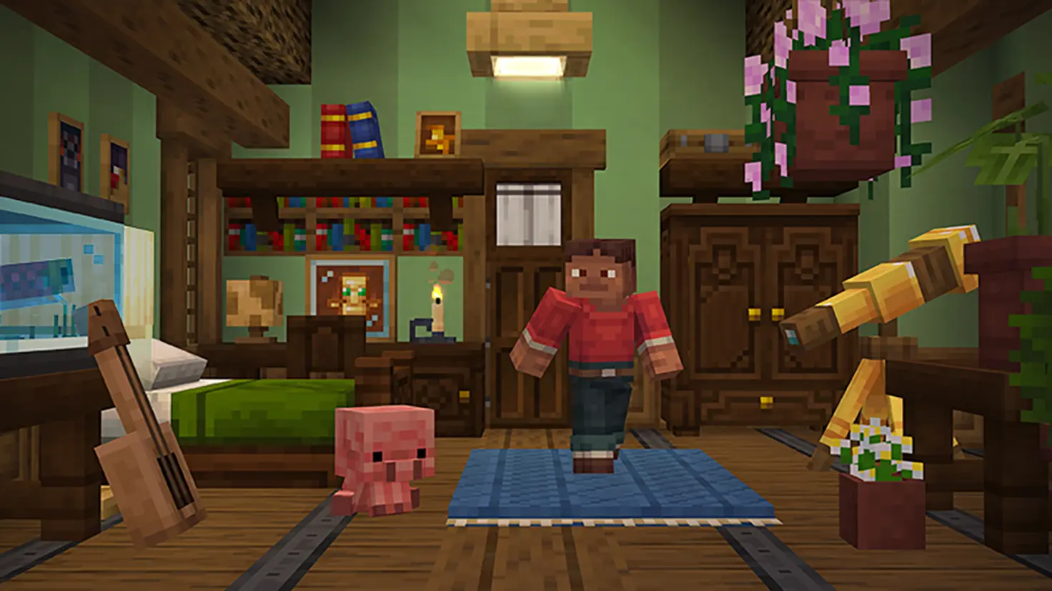 A Minecraft character stands in a heavily decorated bedroom